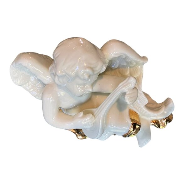 VTG Porcelain White Cherub Angel 24K Gold Sash Playing Harp Sculpture/ Figurine - Picture 12 of 14